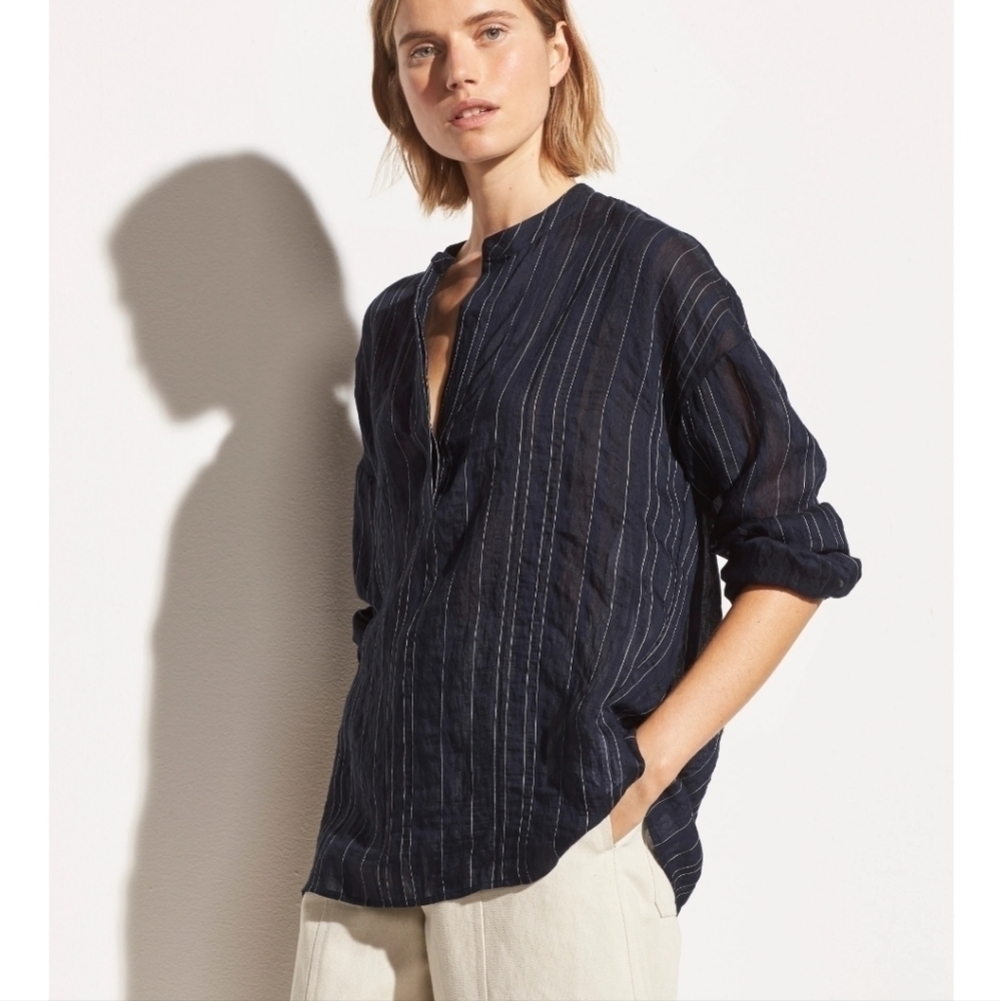 NWT Vince Drape Striped Lightweight Semi Sheer Pullover Blouse In Coastal Blue